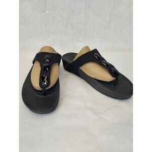 Fitflop Lino Crystal Sandal Womens 9 Black Leather Toe Post Wobbleboard Platform